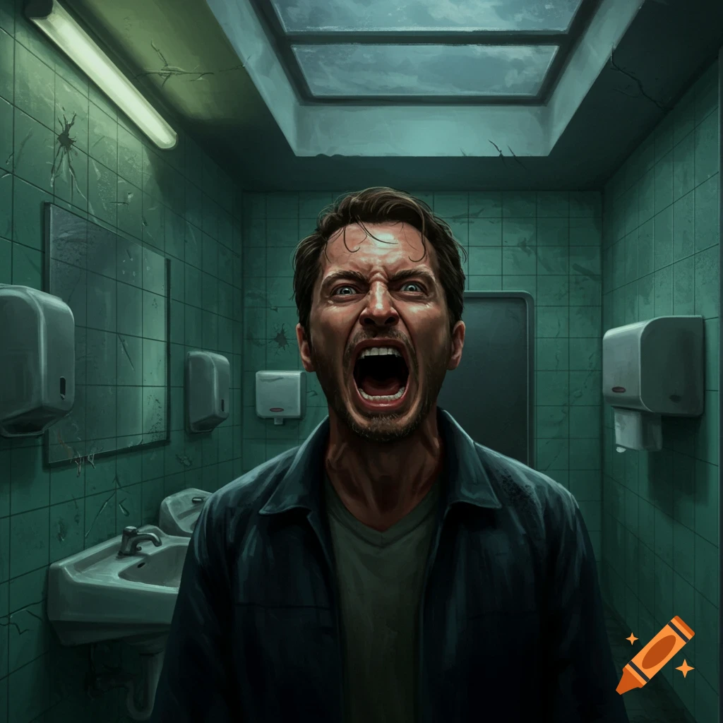 A man with a distressed expression screams in a grimy, dark green tiled washroom.