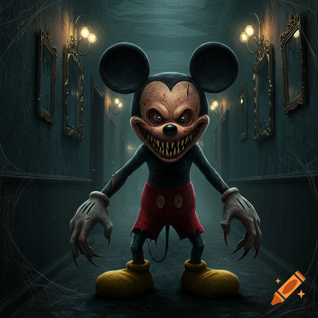 A monstrous, sharp-toothed Mickey Mouse with claws stands in a dark, haunted hallway with glowing lights and cobwebs.