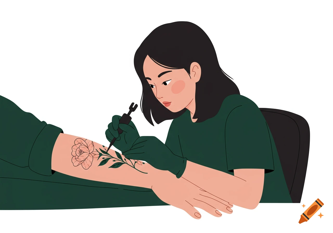A woman in a dark green shirt and gloves meticulously tattoos a floral design on a person's arm in a clean, flat illustration style.