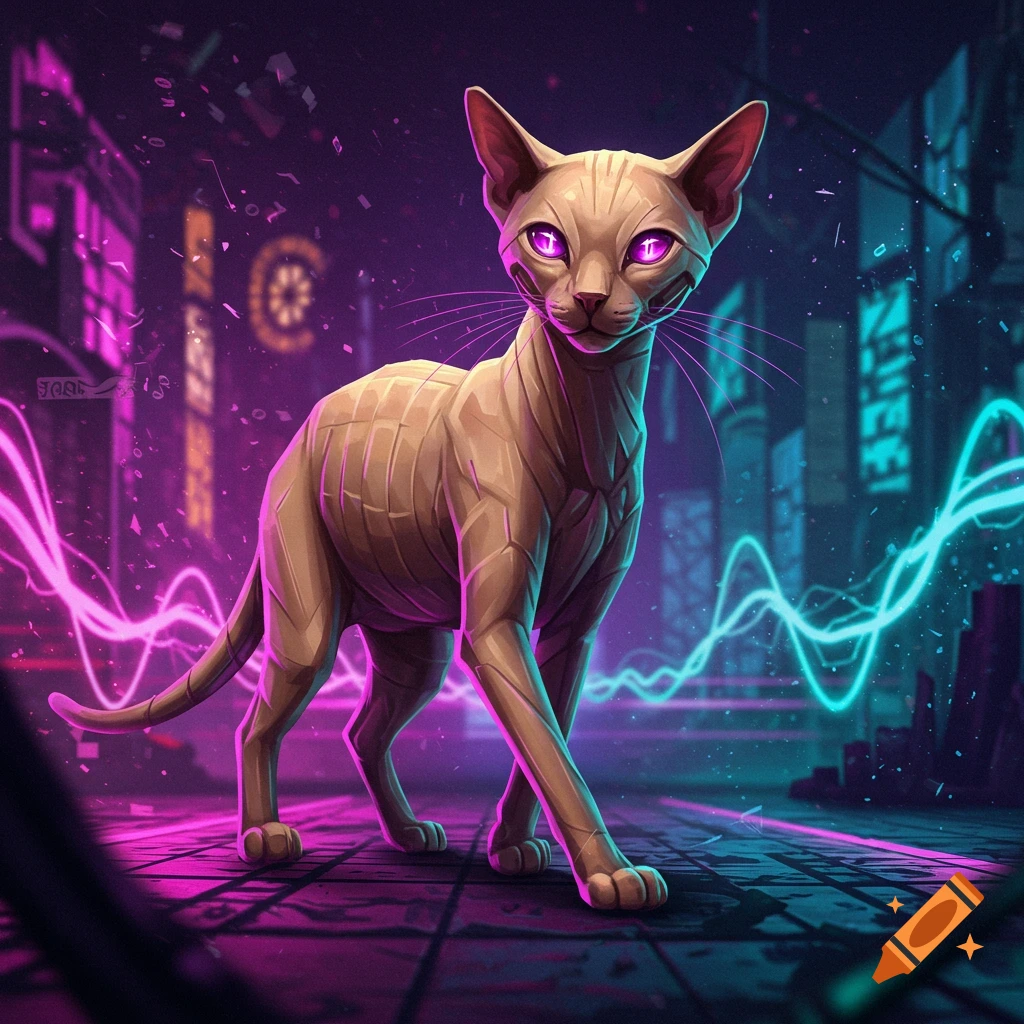 A tan Sphynx cat with glowing purple eyes stands in a neon-lit cyberpunk city street with pink and blue glowing lines.