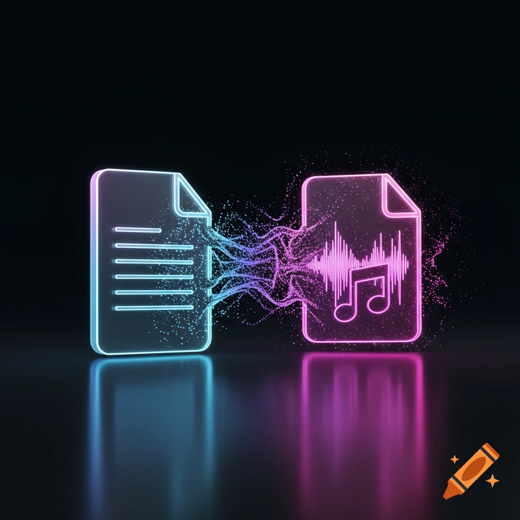 Two neon-glowing file icons, a blue document and a pink audio file with a sound wave and musical note, connected by glowing particle streams, reflecting on a dark surface.