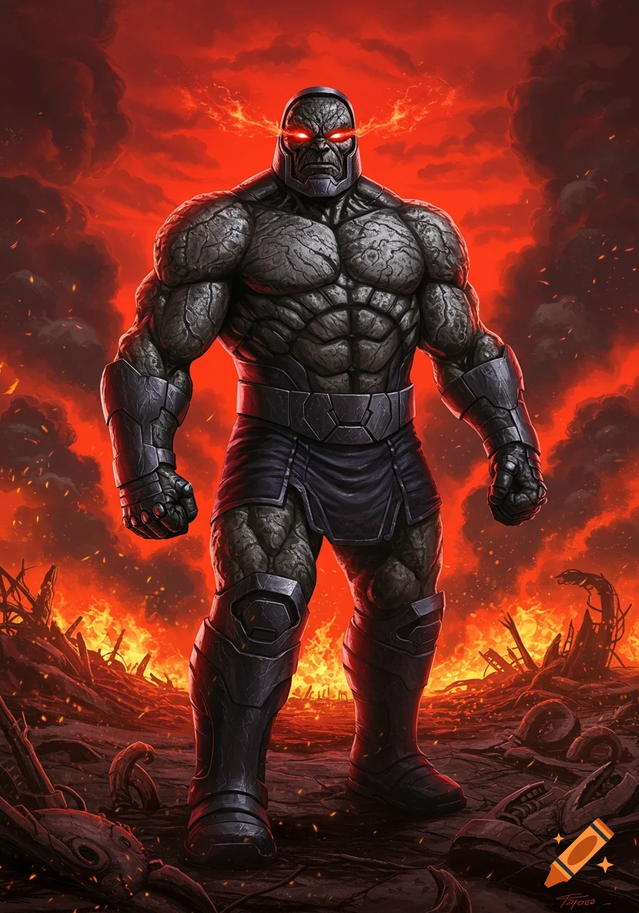 Darkseid, a muscular, rock-skinned villain with glowing red eyes, stands in a fiery, apocalyptic landscape in a comic art style.