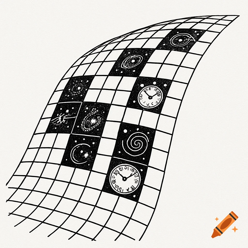 A black-and-white hand-inked illustration of a curving grid representing spacetime, with symbols of galaxies, spirals, and clocks at its intersections.