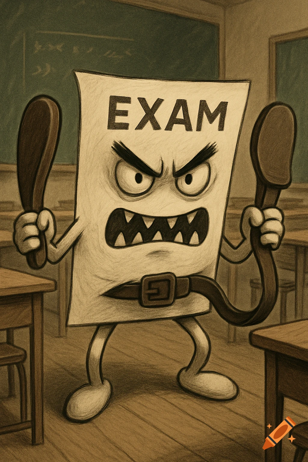 A cartoon drawing of an angry anthropomorphic exam paper with furrowed brows, sharp teeth, holding a belt and a slipper in a classroom.