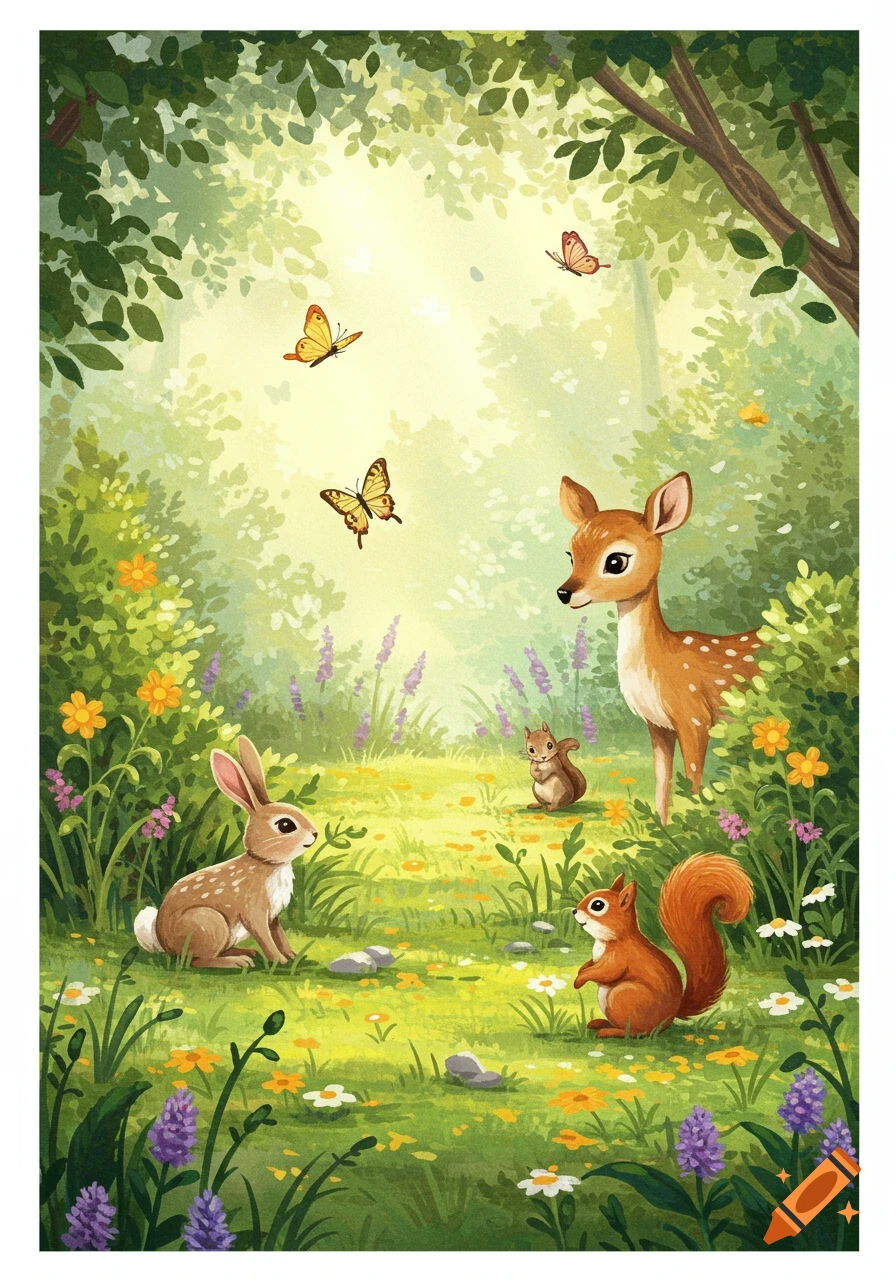 A watercolor illustration of a fawn, rabbit, and two squirrels among butterflies and flowers in a sunny forest clearing.