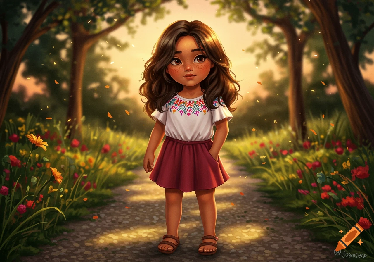 A stylized illustration of a young girl with brown hair and freckles, wearing a white embroidered top and red skirt, standing on a sunlit forest path.