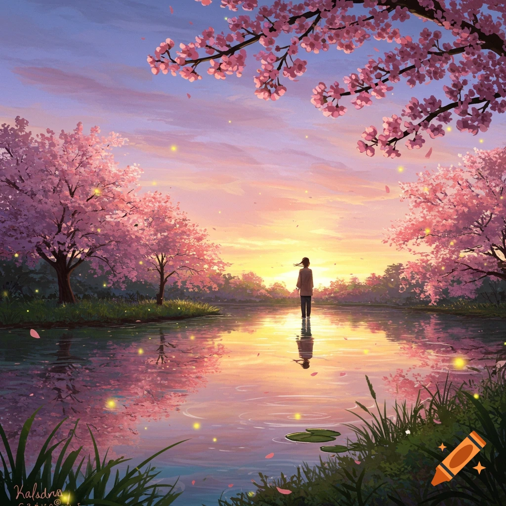 Anime digital art of a solitary person standing in a lake at sunset, surrounded by glowing pink cherry blossom trees.
