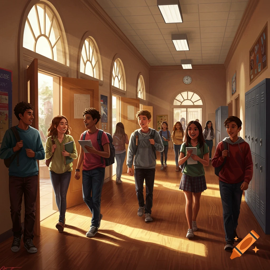 Students walk and talk in a sunny school hallway with lockers and arched windows, in an illustrated style.