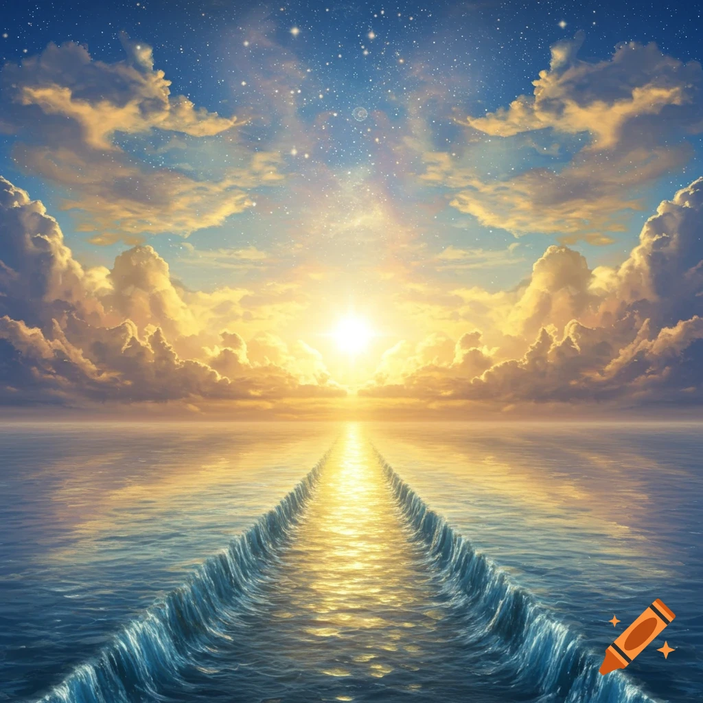 A radiant sun rises over a parted sea, creating a path of light under a sky filled with golden clouds and stars.