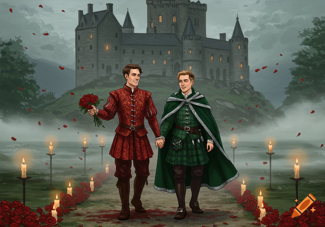 Two men in medieval attire hold hands and smile, walking on a rose and candle-lined path towards a castle.