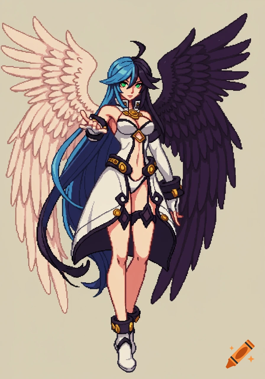 Pixel art of Dizzy from Guilty Gear, a female character with split blue and black hair and contrasting white and black wings.