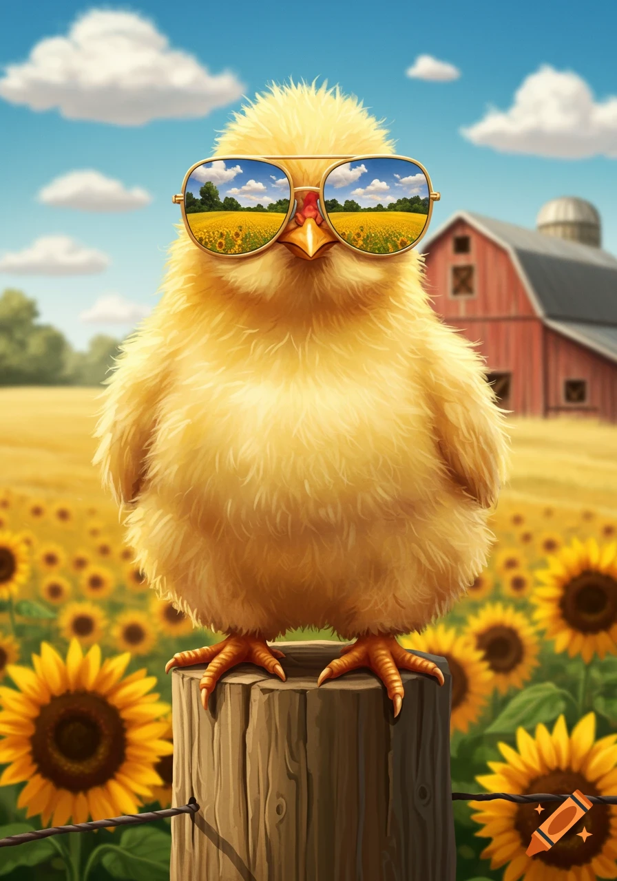 A fluffy yellow chick in aviator sunglasses, reflecting a sunflower field, stands on a post amidst sunflowers and a red barn.