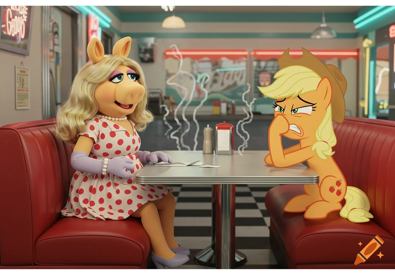 Miss Piggy sits with an inflated belly in a retro diner as Applejack, a cartoon pony, covers her nose from a foul smell.