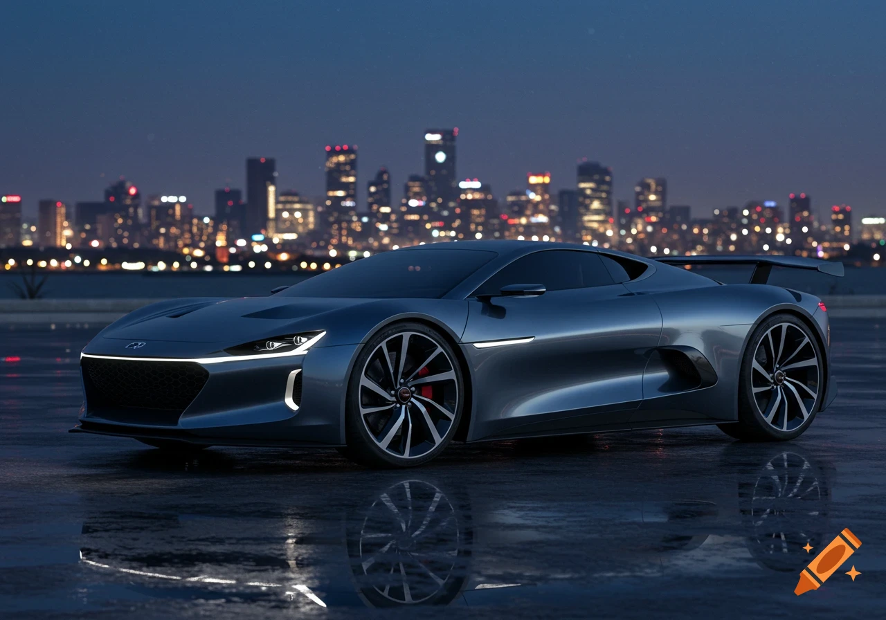 Sleek dark blue sports car parked on a wet surface at night, with a blurred, illuminated city skyline in the background.