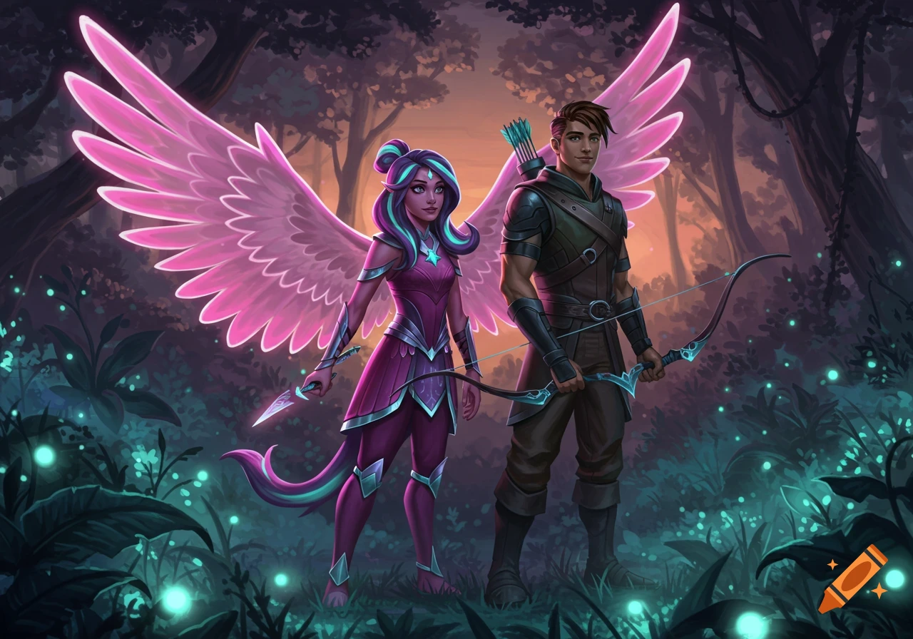 A vibrant digital fantasy illustration of a winged woman with pink wings and an archer man standing in a magical forest at dusk with glowing plants.