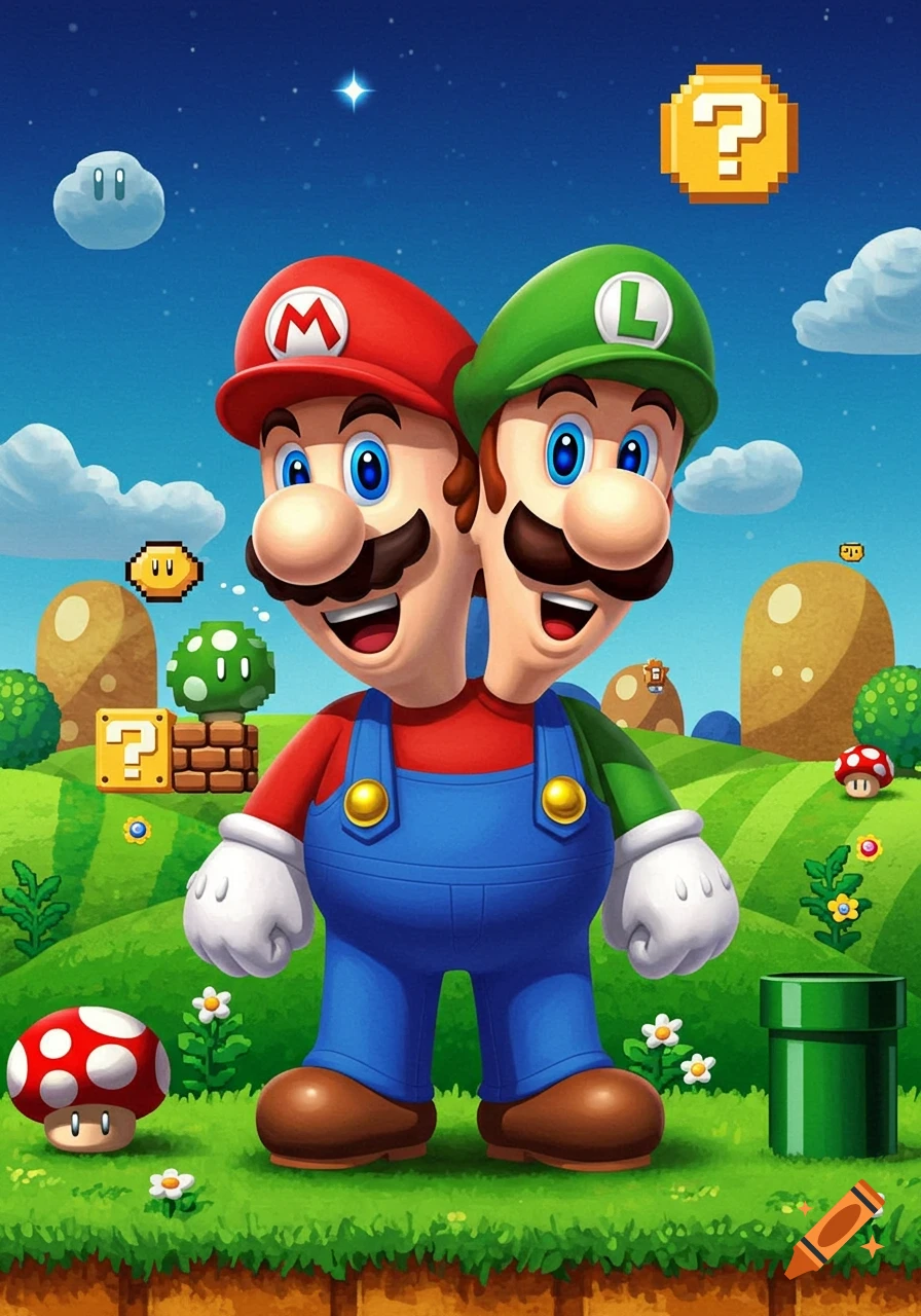 Conjoined Mario and Luigi stand in a vibrant Super Mario Bros. landscape with question blocks, clouds, and mushrooms.