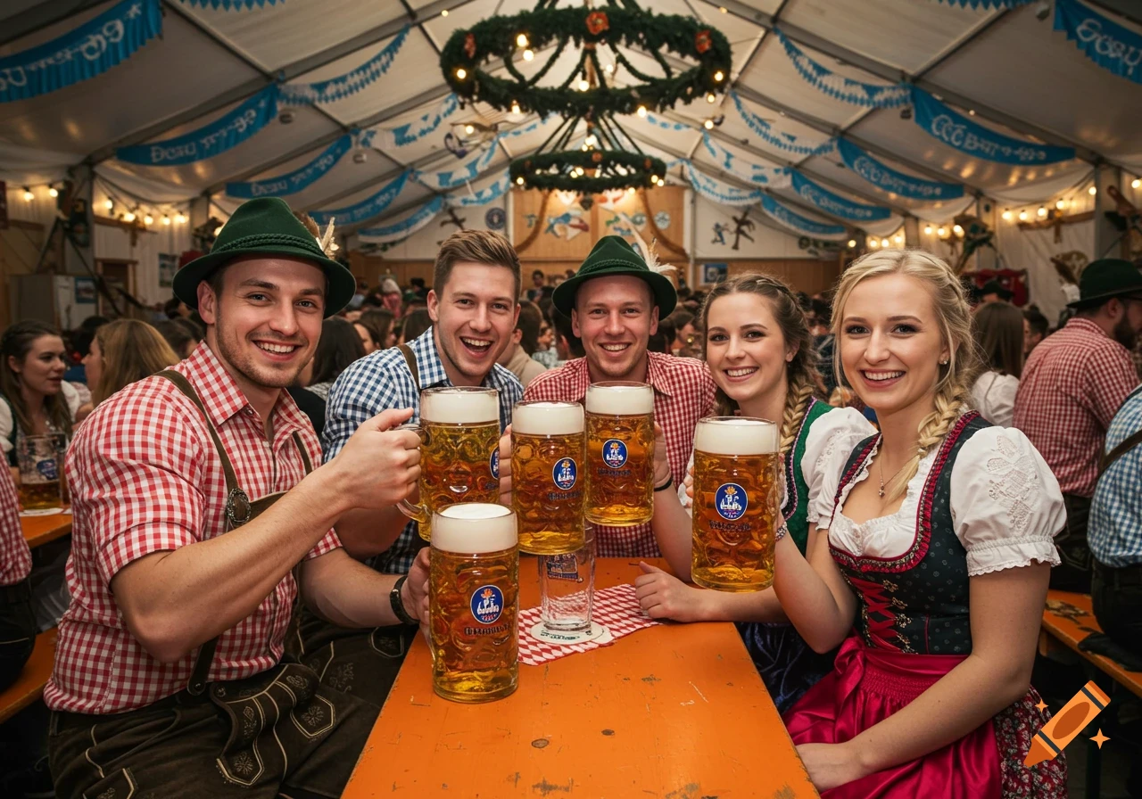 Five smiling people in traditional Bavarian clothing toast with beer mugs at a lively Oktoberfest celebration.