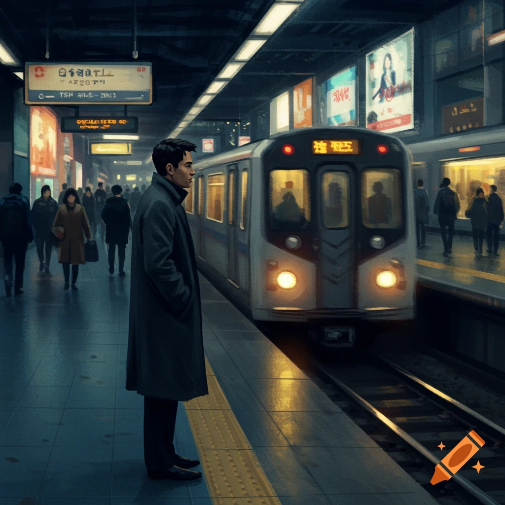A man in a trench coat stands on a train platform, watching a train arrive. Other people walk in the background.