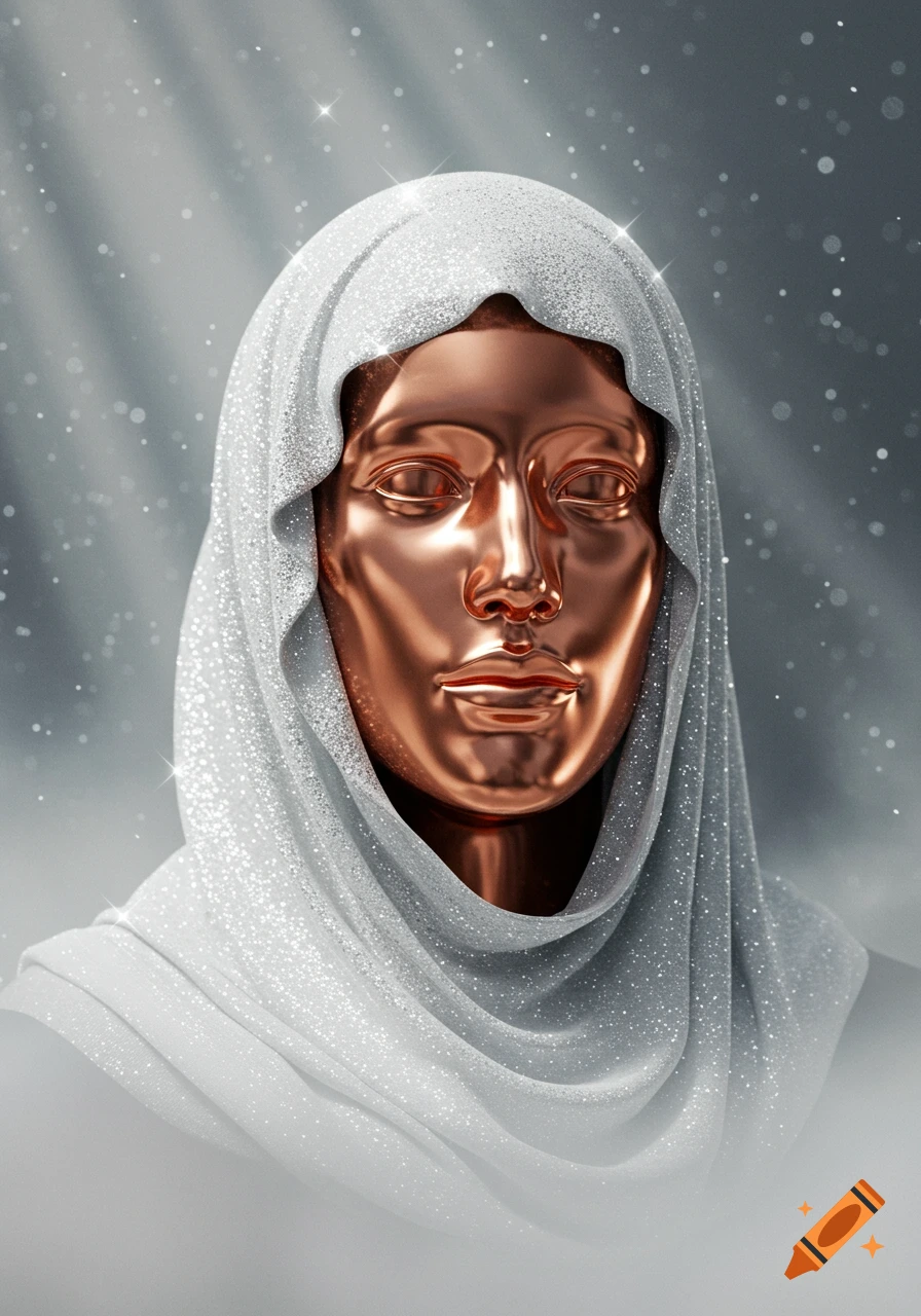 A shiny copper face wearing a sparkling white shroud against a glittery grey background.