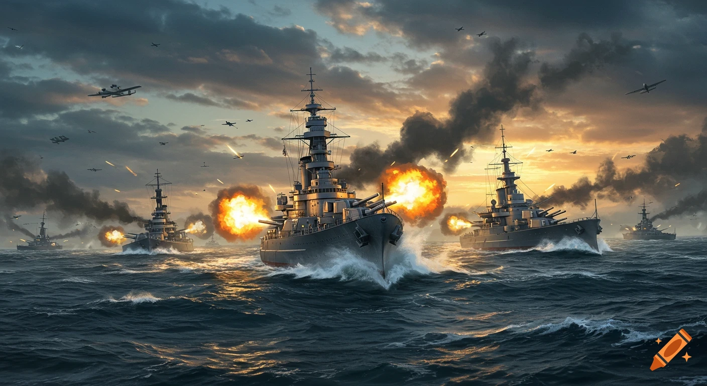 Dramatic naval battle with battleships firing cannons, smoke, explosions, and aircraft under a cloudy sunset sky.