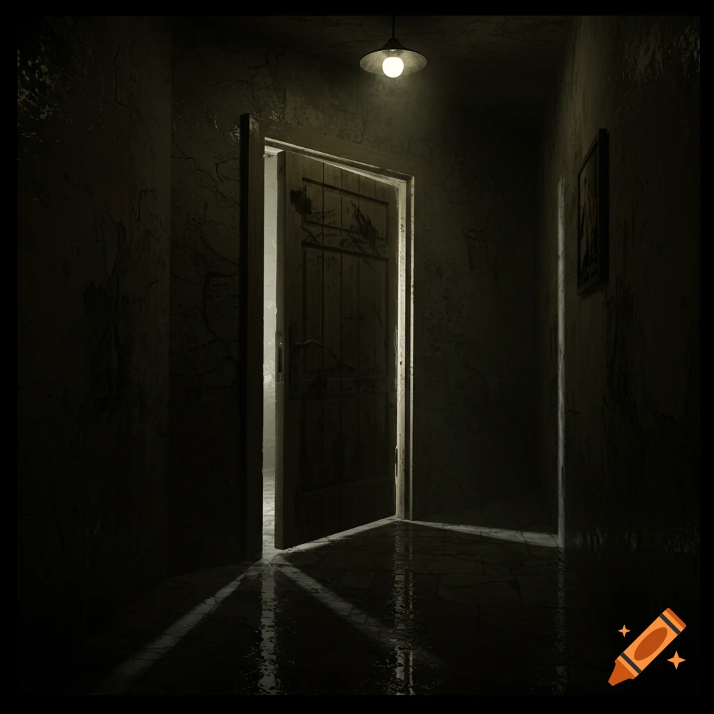 Dimly lit, dark hallway with an old, wooden door slightly ajar, light spilling from inside. Long shadows on wet floor, eerie.
