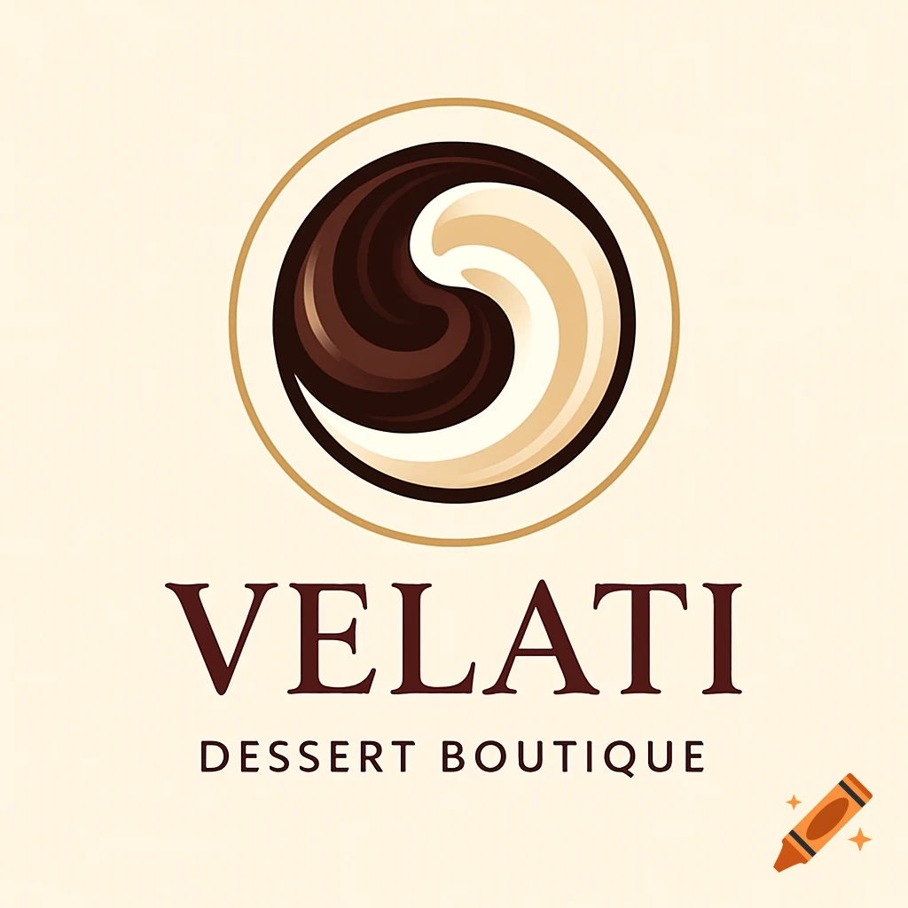 A logo with a circular design featuring swirling dark brown and cream colors, with the text "VELATI DESSERT BOUTIQUE" below it.