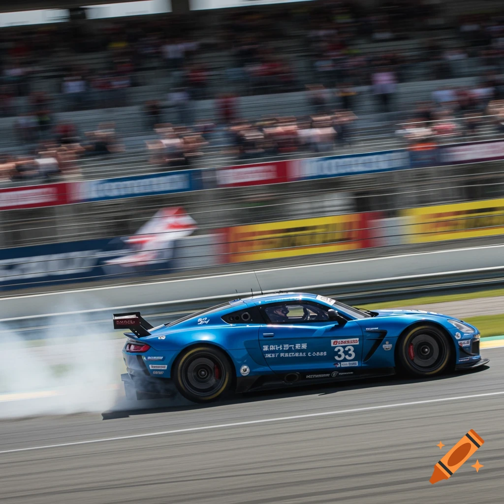A blue race car with number 33 drifts on a track, emitting smoke, with blurred grandstands in the background.