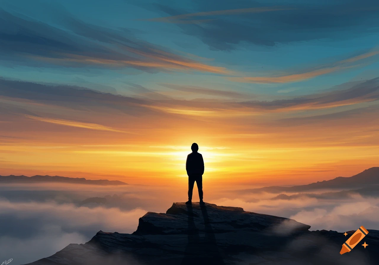 Digital painting of a lone silhouette standing on a rocky peak overlooking a vast cloud-filled valley at a vibrant sunset.