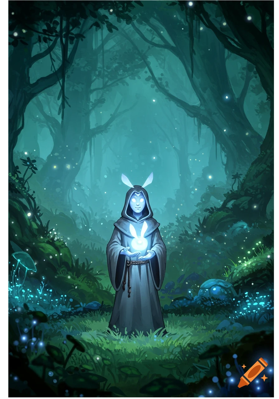 A robed, hooded figure with glowing bunny ears and eyes holds a glowing bunny light in a mystical, bioluminescent forest. Illustration style.