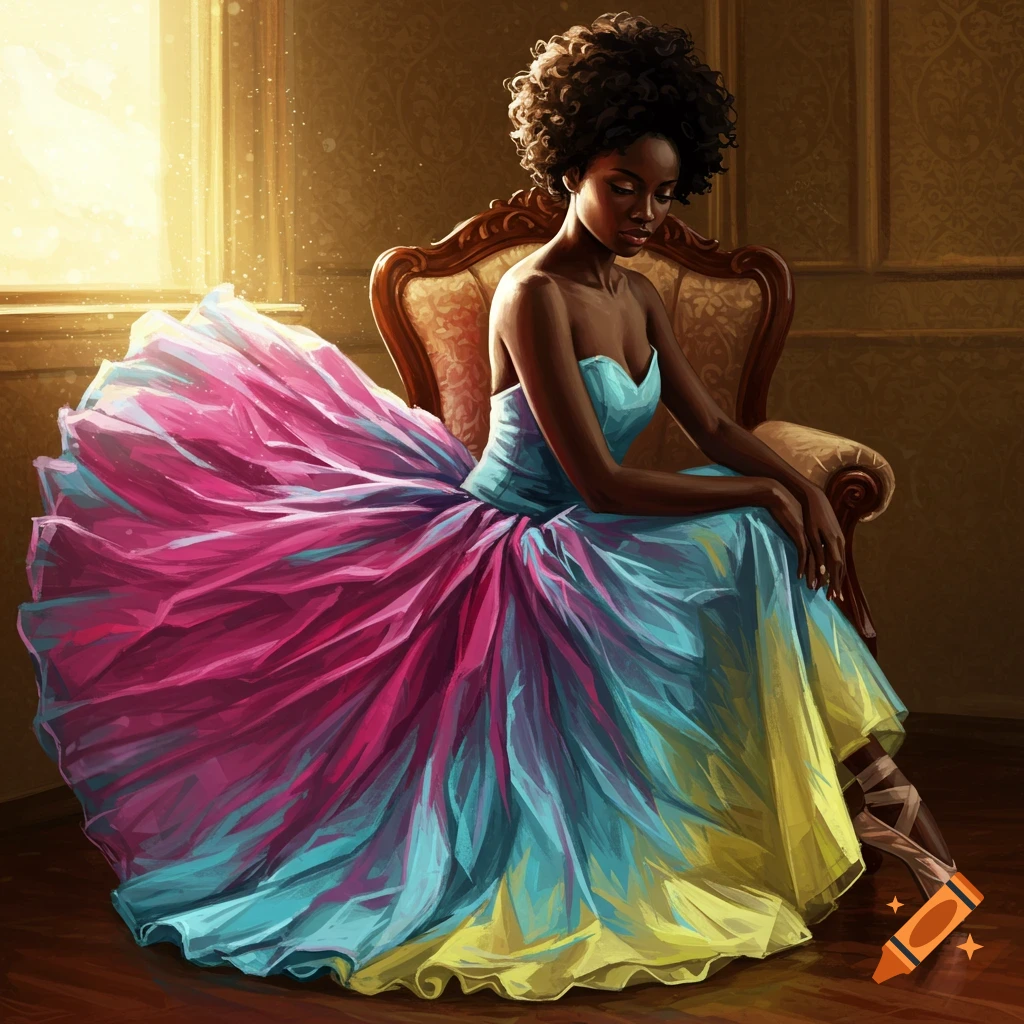 A black ballerina in a vibrant pink, blue, and yellow dress sits in an ornate chair, digital painting.