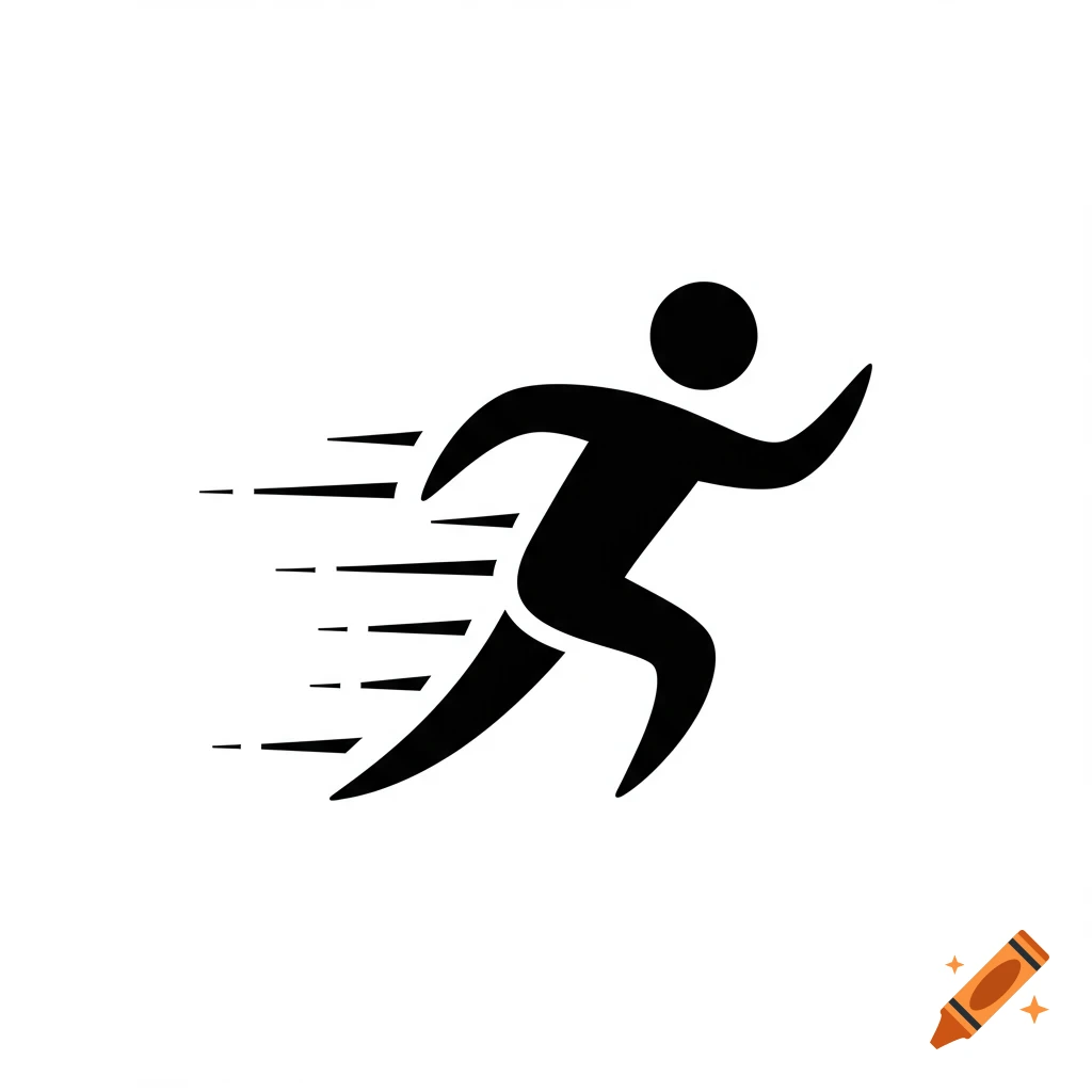 Black pictogram of a running person with speed lines, symbolizing movement and speed.
