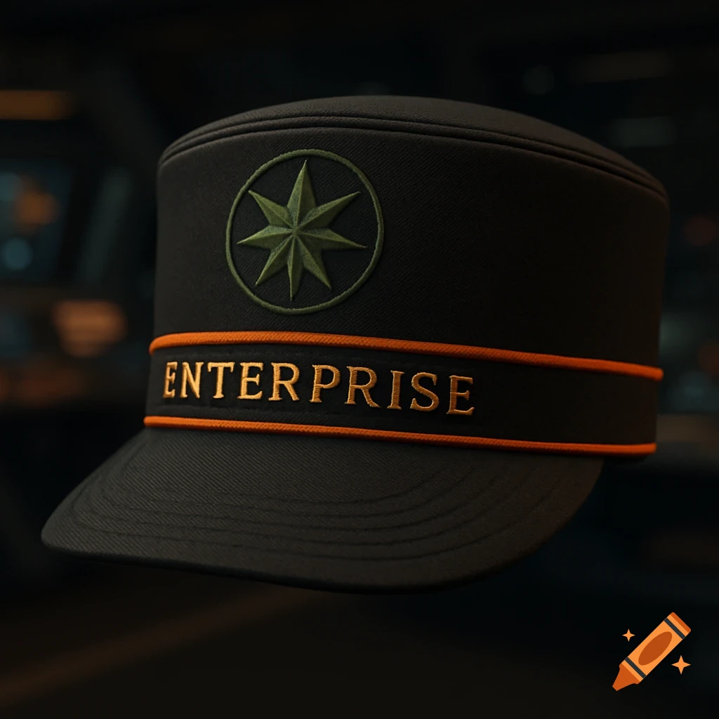 A black uniform cap with a green ten-pointed star emblem, an orange stripe, and 'ENTERPRISE' embroidered in gold letters.