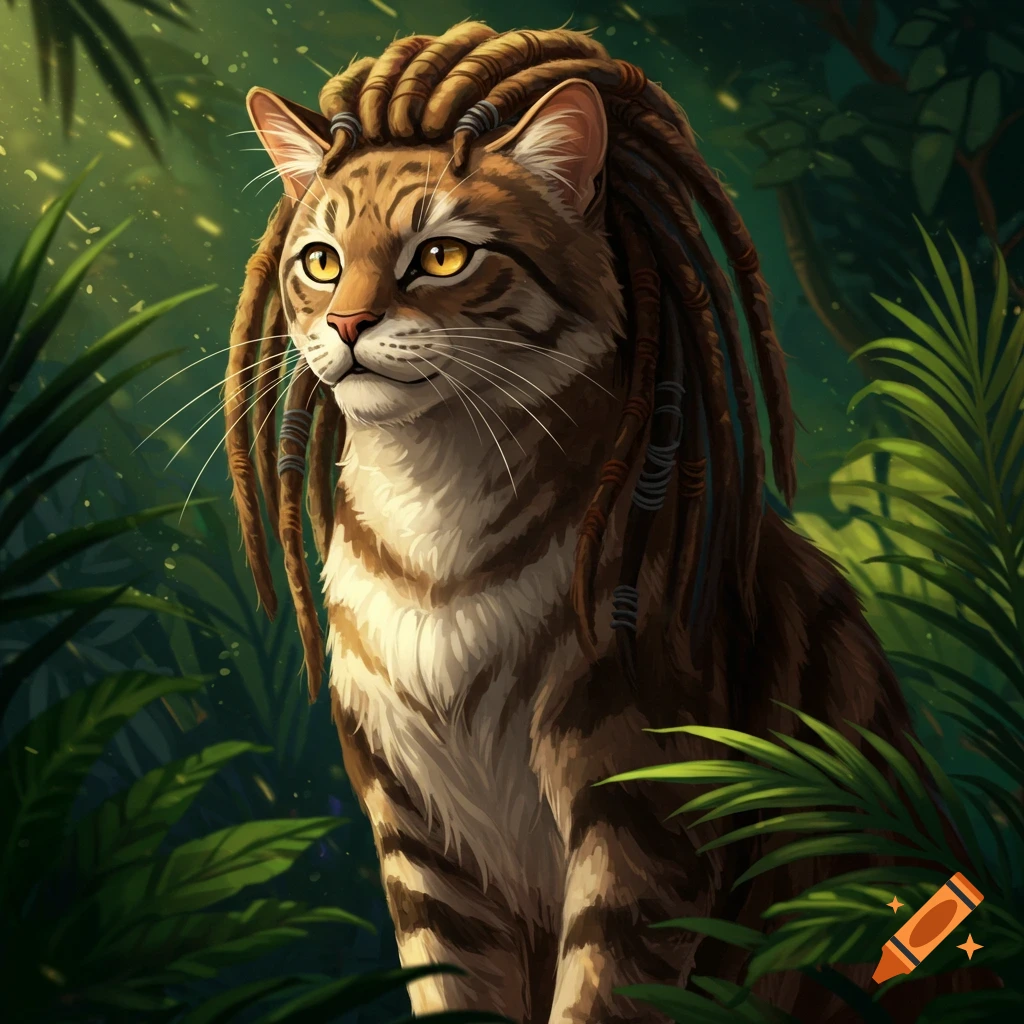 A stylized illustration of a brown tabby cat with dreadlocks, looking left in a vibrant green jungle.