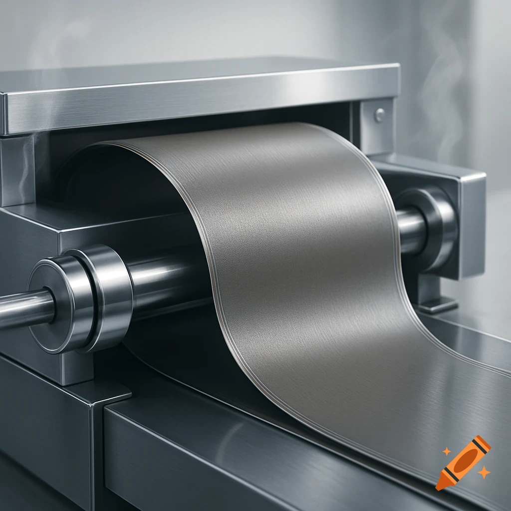 Photorealistic close-up of a gray PTFE belt moving through a stainless steel industrial continuous sealing machine.