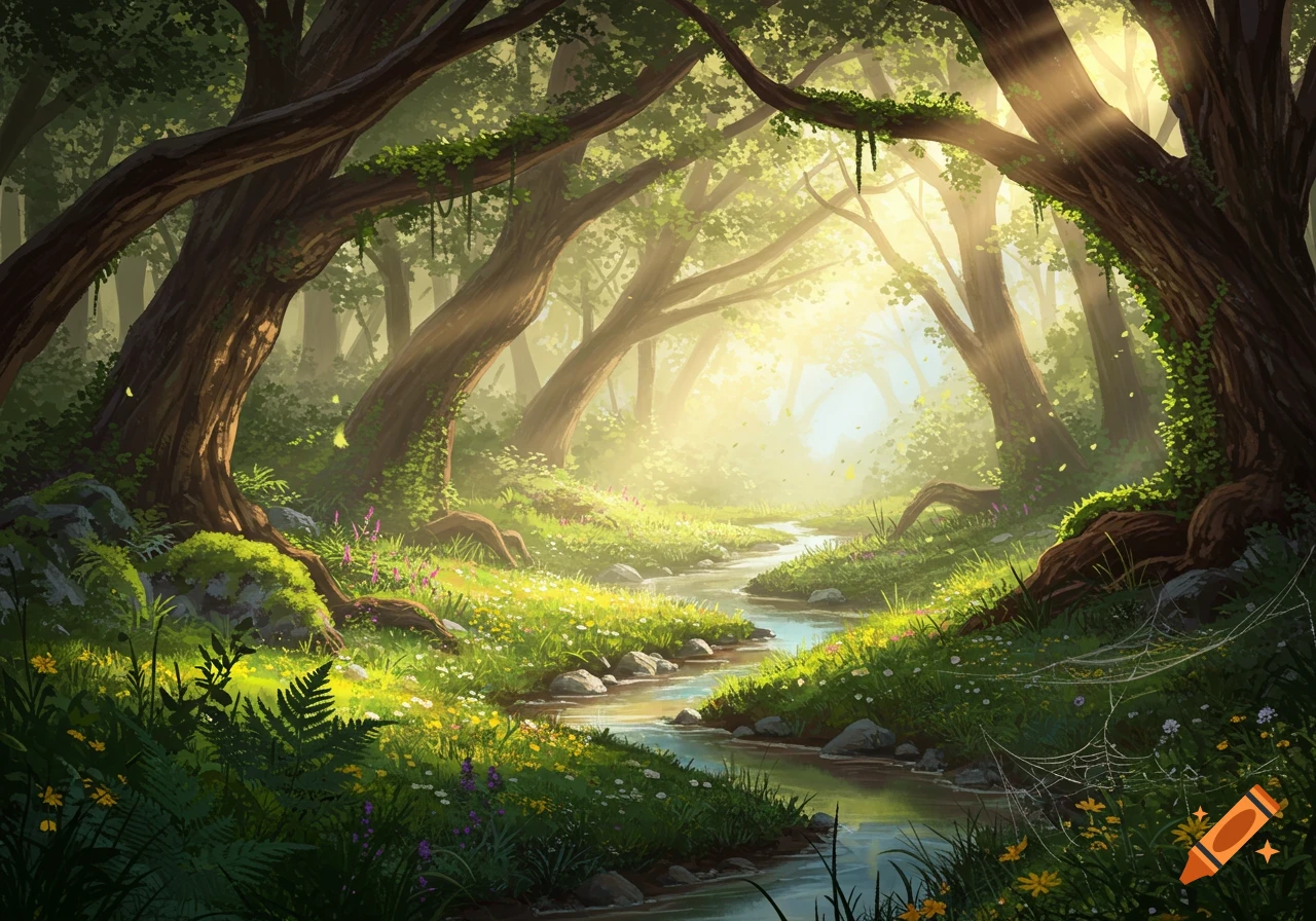 Sunlit magical forest with a winding stream, lush green foliage, and flowering meadows.