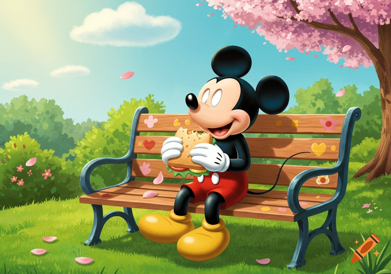 Mickey Mouse sits on a park bench, happily eating a sandwich under a cherry blossom tree, in a bright cartoon style.