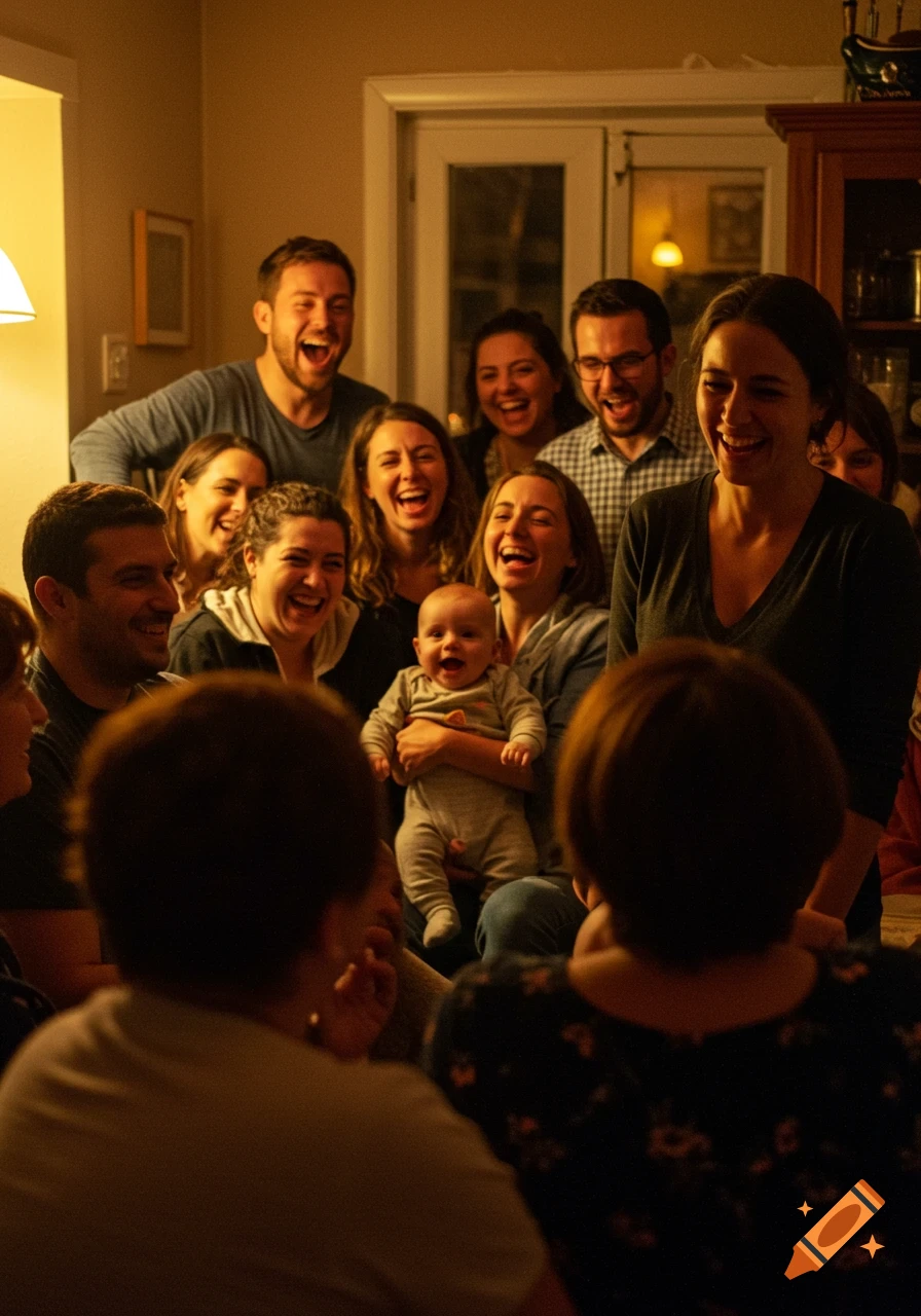 A group of happy people, including a baby, are laughing and smiling together indoors under warm lighting.