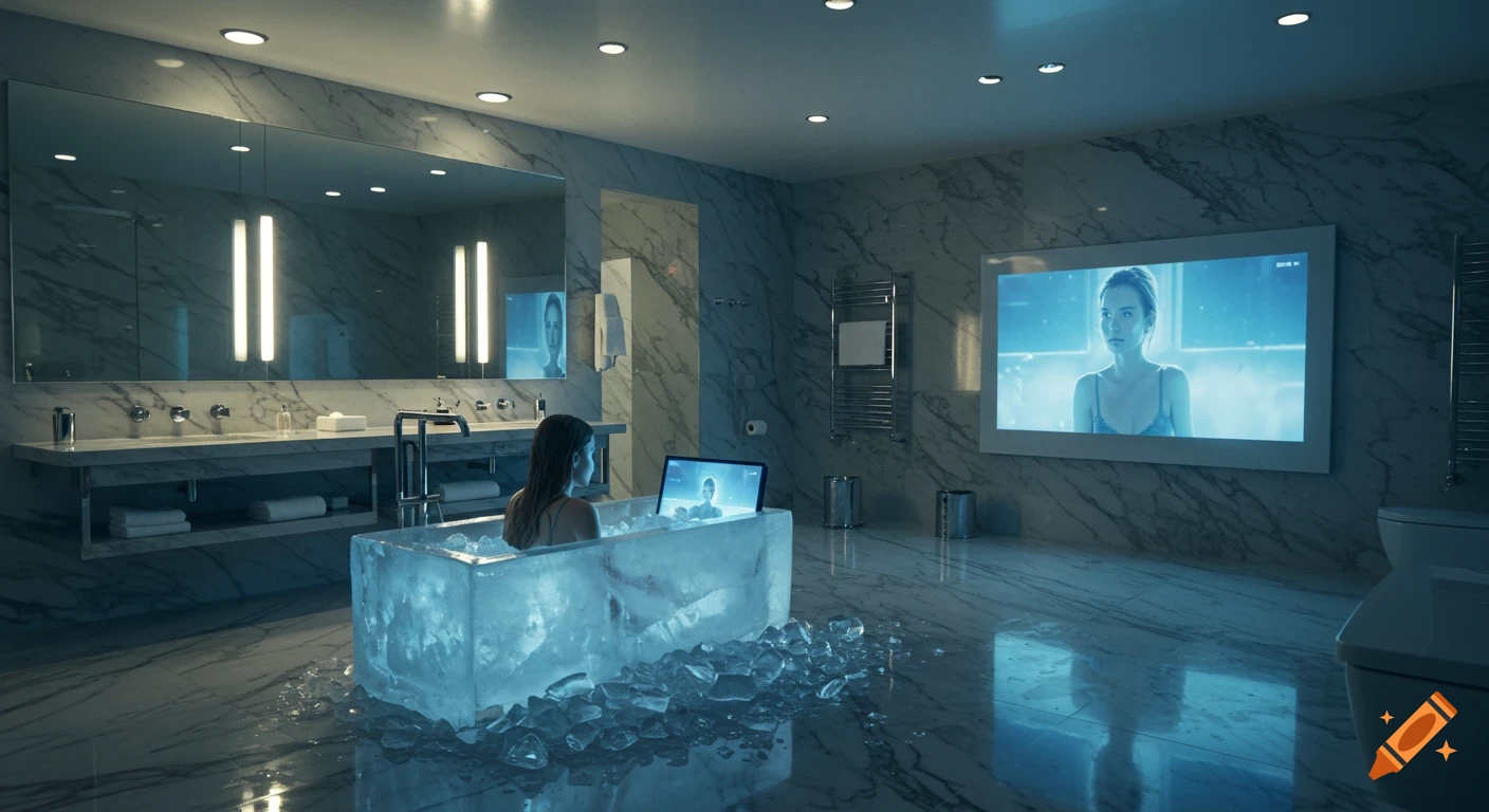 Photorealistic long shot of a woman in an ice bath in a luxurious marble bathroom, watching a TV screen.