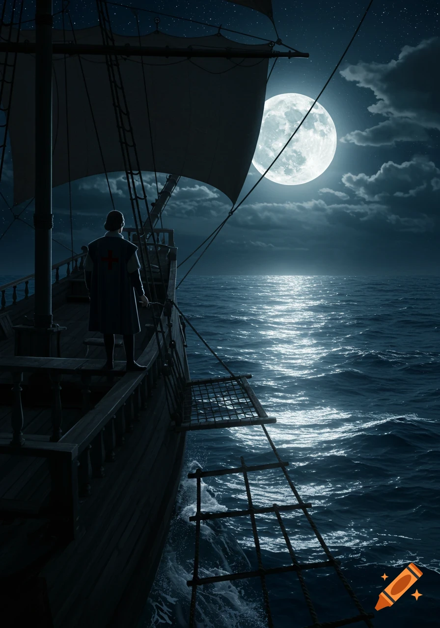 A lone figure stands on a historical wooden ship, gazing at the full moon's reflection on the dark, choppy sea at night.