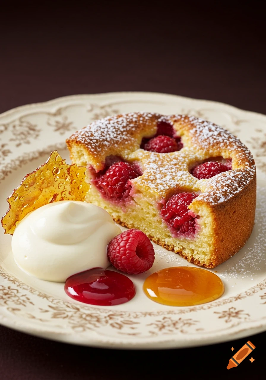 Photorealistic raspberry clafoutis with powdered sugar, whipped cream, a fresh raspberry, and two sauces on a decorative plate.