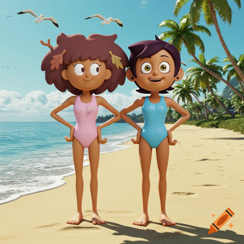 Two 3D animated girls, Anne Boochuy in pink and Luz Noceda in blue one-piece swimsuits, stand on a sandy beach. The ocean, palm trees, and seagulls are in the background.