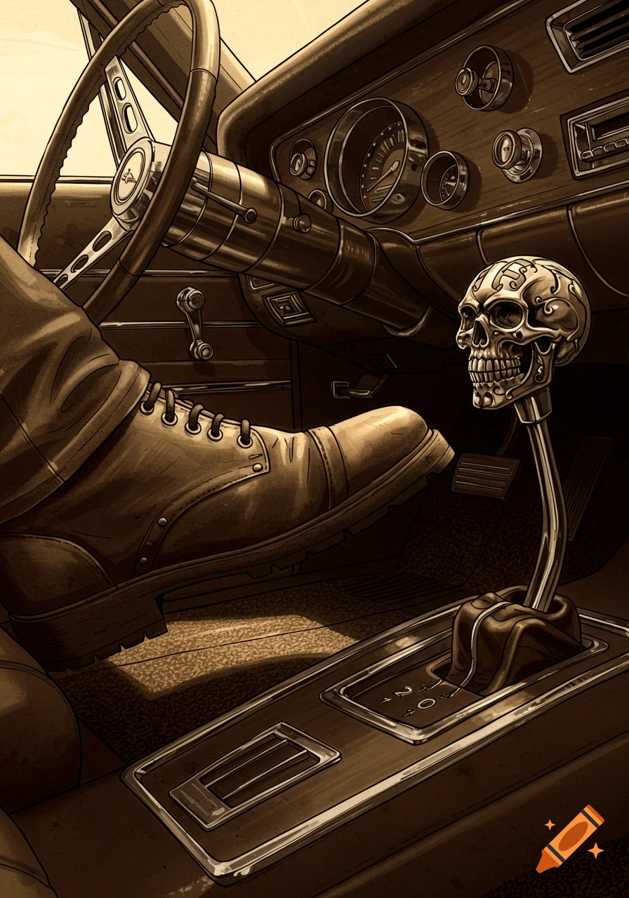 A sepia-toned illustration shows a person's booted foot on the accelerator pedal of a classic American car, with a skull gear shifter.
