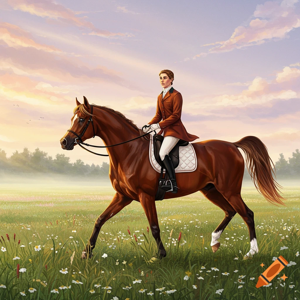 A person in riding attire on a brown horse, trotting through a field of wildflowers at sunset.