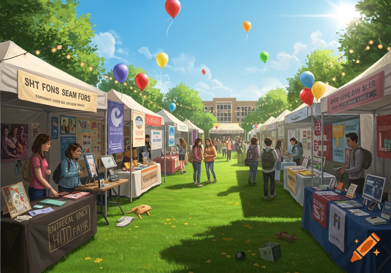 An outdoor college fair on a sunny day with students browsing booths on a green lawn, colorful balloons in the sky.