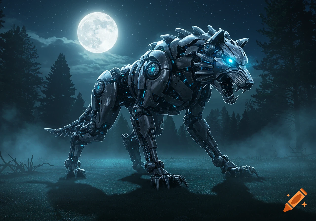 A photorealistic robotic wolf-like beast with glowing blue eyes stands in a misty forest under a bright full moon.