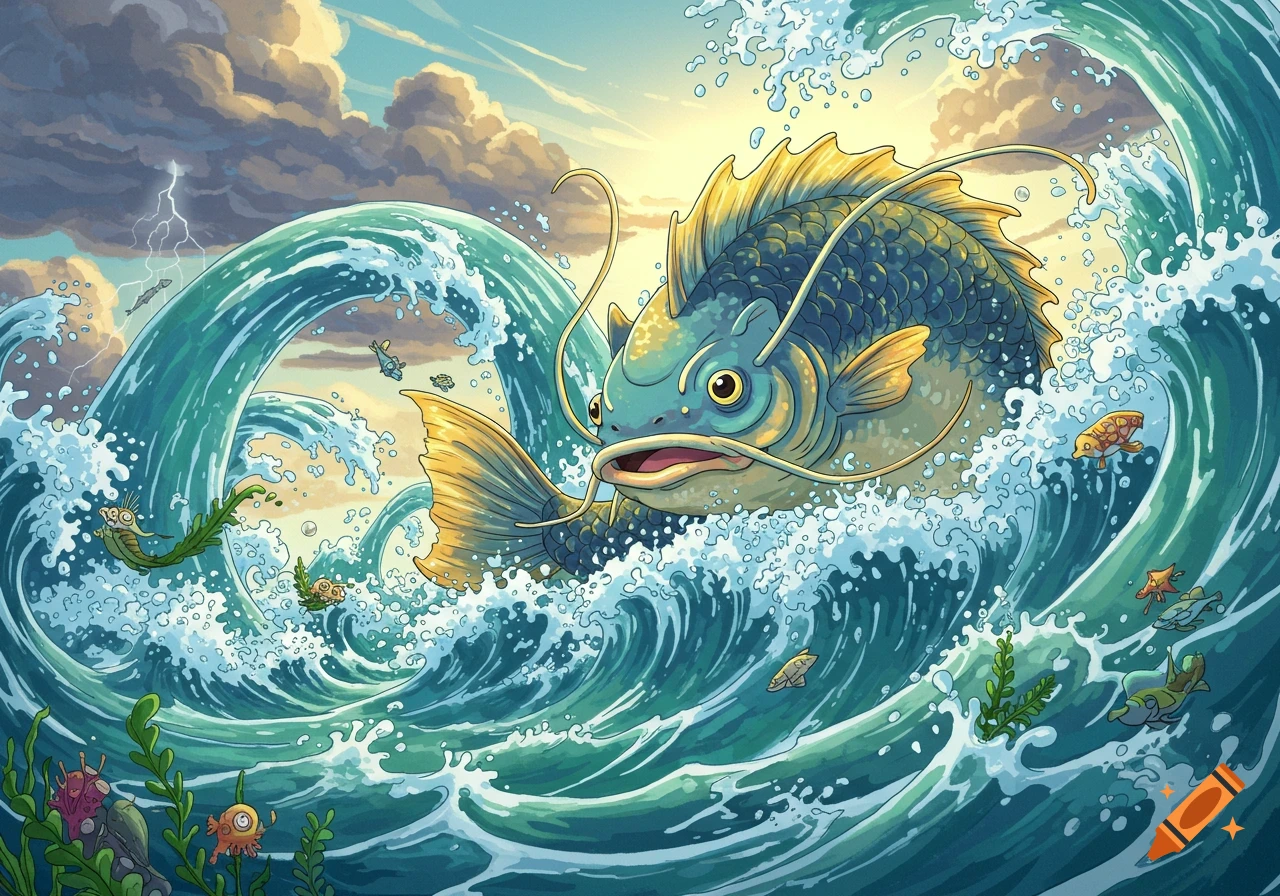 Colorful cartoon fantasy illustration of Namazu, a giant mythical Japanese catfish, surging through dramatic ocean waves with lightning in the sky.