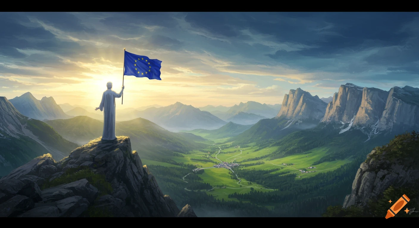A robed figure stands on a mountain peak holding an EU flag, gazing at a sunlit valley with villages and mountains in a majestic, painterly style.
