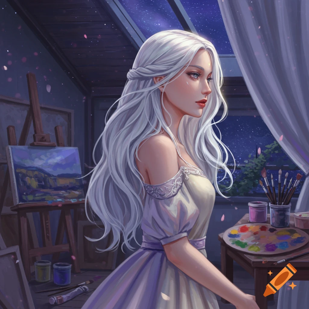 A young woman with long, wavy silver hair in an artist's studio at night, looking to the side. An easel, painting, and paint palette are visible, with a starry sky through a window.