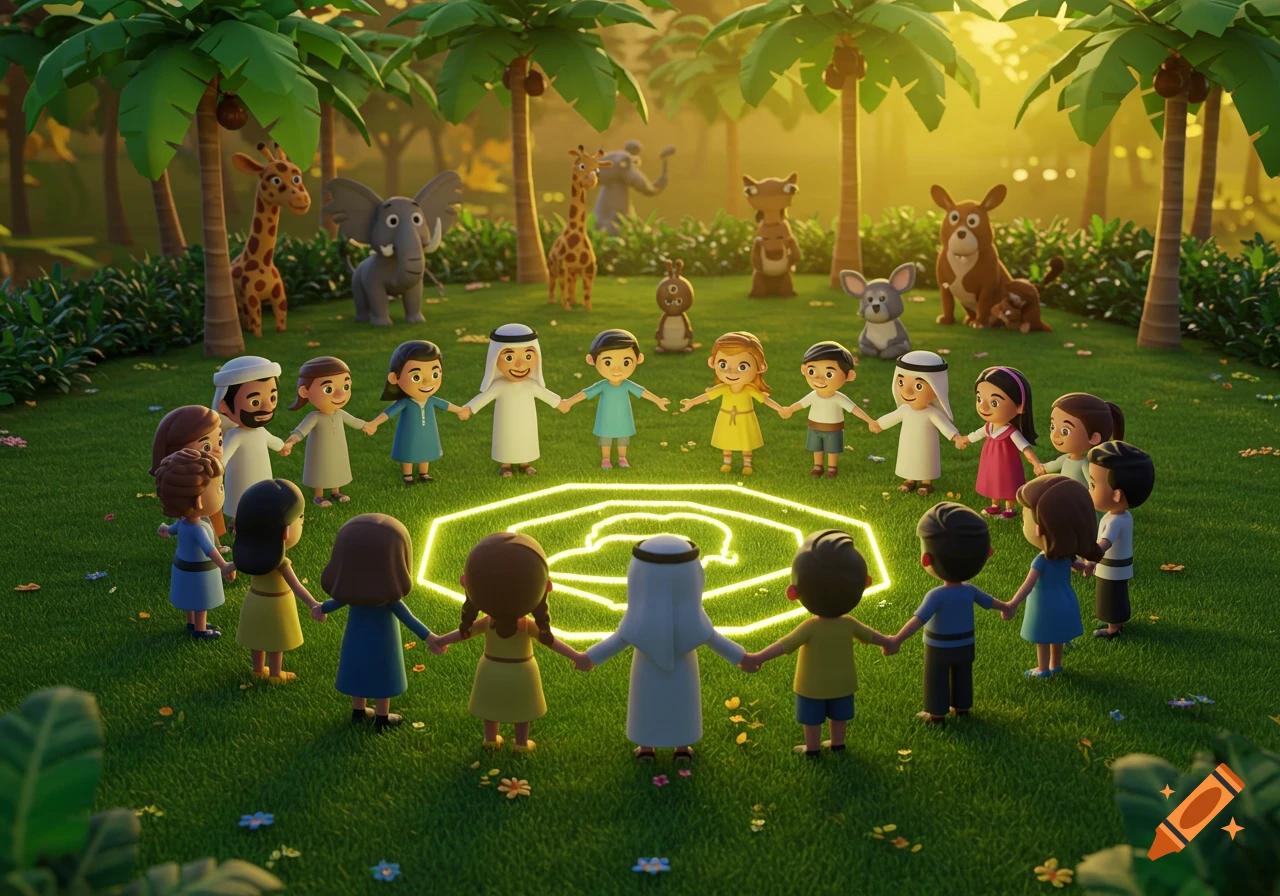 Pixar-style 3D animation of children and adults holding hands in a circle around a glowing symbol in a sunny park with animals.