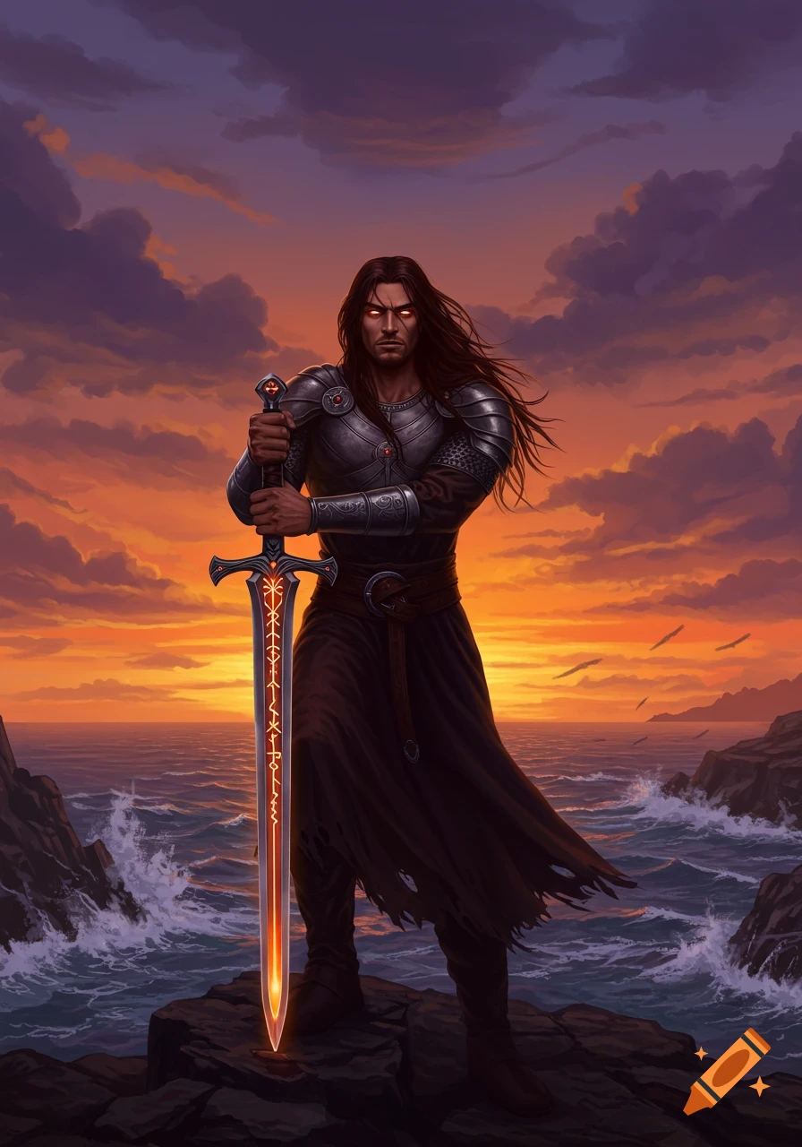 A dark-haired warrior in armor stands on a rocky shore, holding an ornate, glowing sword under a vibrant sunset sky.